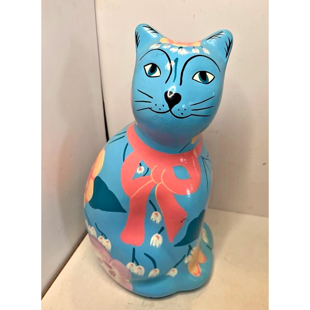 Talavera Pottery Cat Bank Hand Painted Signed Mexico Folk Art Piggy Bank 10"